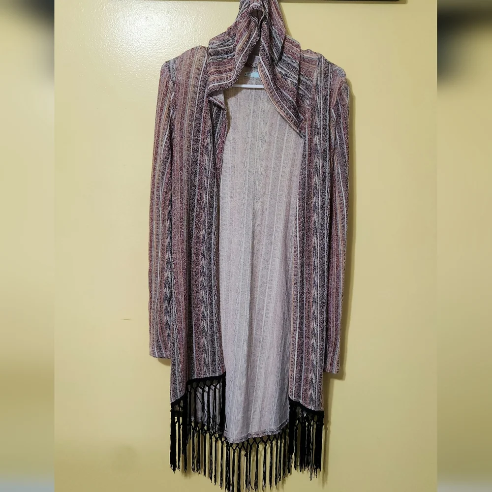 Maurices Aztec print long hooded fringe bottom cardigan sweater. Size medium - Picture 1 of 1